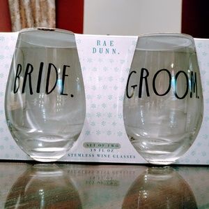 SOLD! RAE DUNN BRIDE & GROOM STEMLESS WINEGLASSES